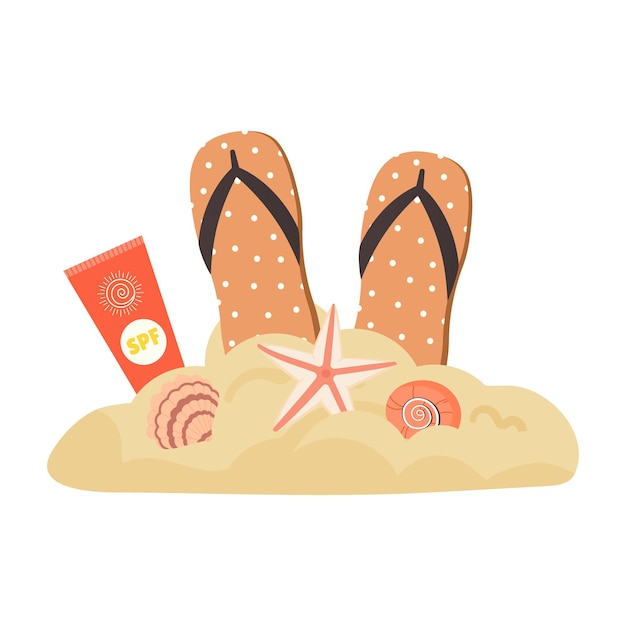 Vektor vorderansicht von strandpantoffeln und sonnencreme im sand. sommeraccessoires für strand und meer. flacher vektor