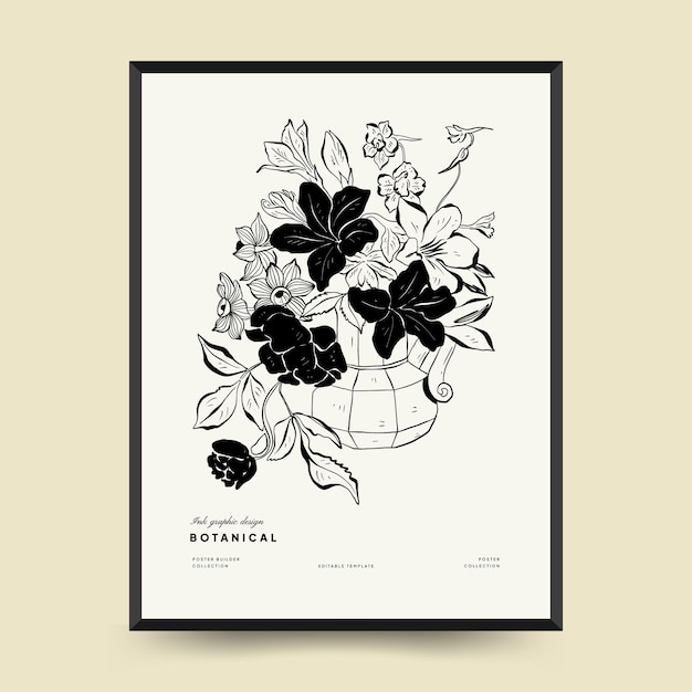 Vorlage für abstrakte Blumenplakate. Moderner botanischer trendiger schwarzer Stil. Vintage-Blumen. Tinte Wandkunst