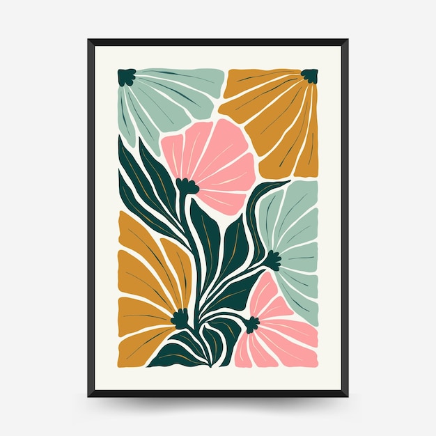 Vorlage für abstrakte blumenplakate. moderner, trendiger matisse-minimalstil. rosa und blaue farben.