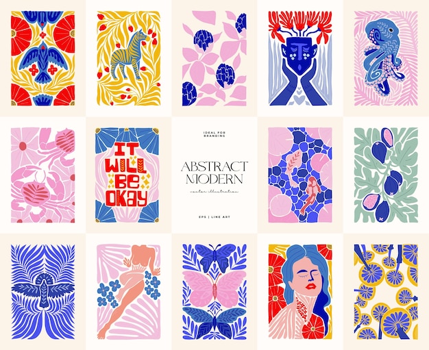 Vorlage für abstrakte Kunstplakate Moderner, trendiger Matisse-Minimalstil Rosa, blaue, gelbe Farben