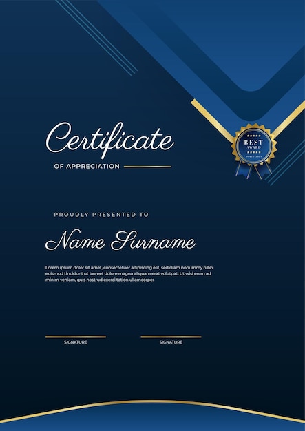 Vorlage für anerkennungsurkunden in gold und blau sauberes, modernes zertifikat mit goldenem abzeichen vorlage für zertifikatsrahmen mit luxuriösem und modernem linienmuster vektorvorlage für diplome