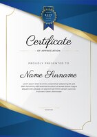 Vorlage für anerkennungsurkunden in gold und blau sauberes, modernes zertifikat mit goldenem abzeichen vorlage für zertifikatsrahmen mit luxuriösem und modernem linienmuster vektorvorlage für diplome