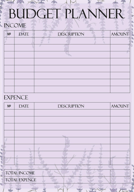Vorlage für den budgetplaner auf lavendelfarbenem pastellhintergrund einnahmen-ausgaben-einsparungen budgetzuweisung preisbetrag zahlung buchhaltung finanzmanagement-konzept vektor-illustration