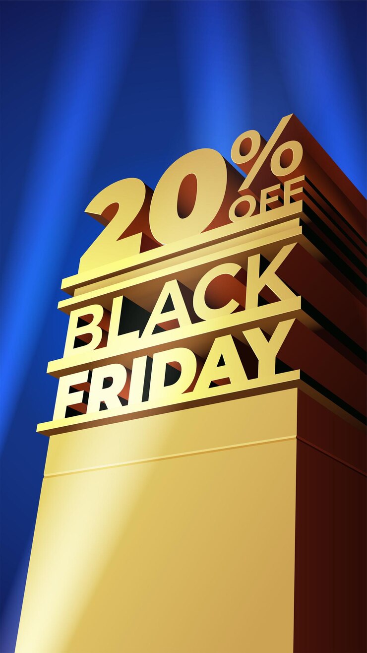 Vektor vorlage für den verkauf von black friday im fuchsstil des 20. jahrhunderts mit volumetrischen buchstaben, gebäuden und scheinwerfern. zwanzig prozent aus. vektorillustration für flyer, rabatt, shop, karten, promo, anzeige.