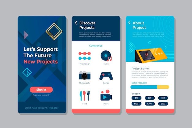 Vektor vorlage für die crowdfunding-app-oberfläche