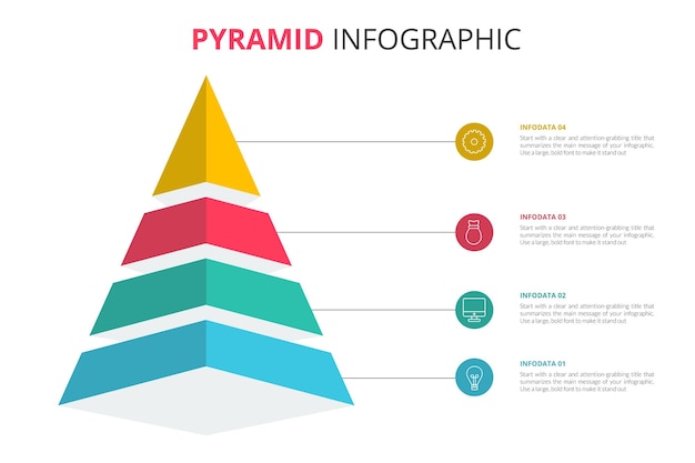 Vorlage für ein Konus-Pyramiden-Funnel-Diagramm für eine Infografik für die Präsentation von 4 ElementenKonus- Pyramidenfunnel
