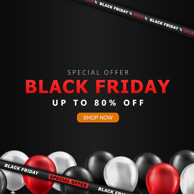 Vektor vorlage für ein quadratisches black friday-banner mit verkaufswerbung, 3d-hochglanzballons und rabattband