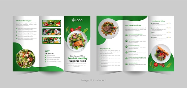 Vektor vorlage für eine dreifache broschüre für bio-lebensmittel und ein dreifaches broschürenentwurf für einen bio-gesundheitsgeschäft