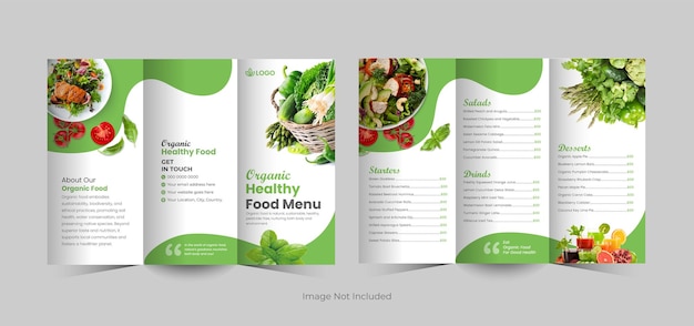 Vorlage für eine dreifache broschüre über das bio-lebensmittel-menü oder eine dreiffache vorlage für die biolebensmittelbroschüre