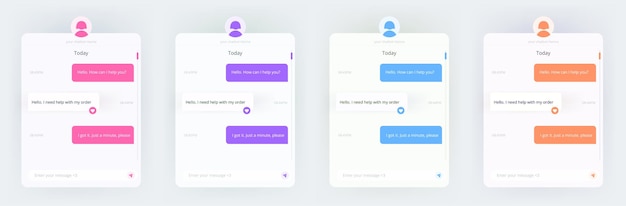 Vorlage für einen chat mit einem bot. die nachrichten mit einem wireframe. set aus bunten und neonfarbenen designs. ein online-doktor-messenger-fenster. vektor isolierte sammlung.