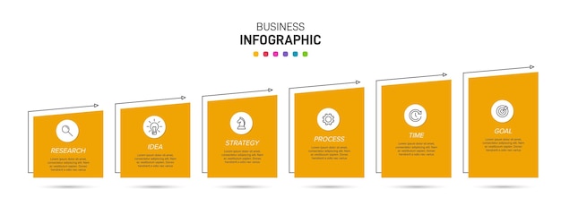Vorlage für geschäftsinfografiken. sechs optionen oder schritte mit symbolen und text.