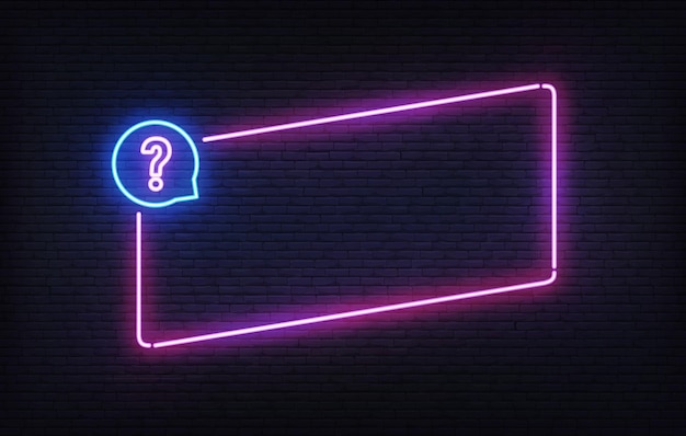 Vektor vorlage für neon-quizrahmen. lila neigungslichtbanner-design-vorlage. leuchtendes rechteck-schild.