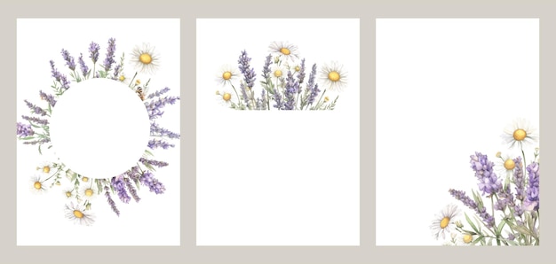 Vorlage mit aquarell-lavendel- und kamille-geburtstags- oder hochzeitskarten