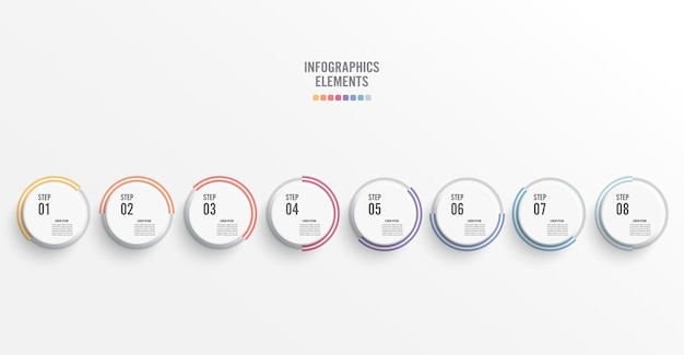 Vorlage timeline infografik farbig horizontal nummeriert für acht positionen geschäftskonzept mit 8 optionen kann für workflow-banner-diagramm webdesign-flächendiagramm verwendet werden