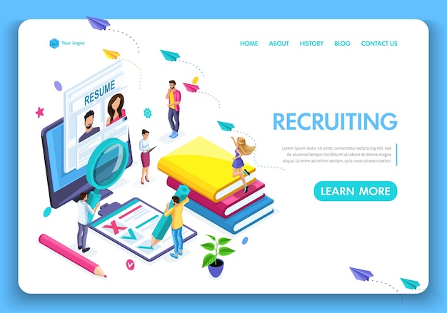 Vorlage website isometric landing page konzept bewerbungsformular für beschäftigung. menschen wählen einen lebenslauf für einen job aus. leicht zu bearbeiten und anpassen.