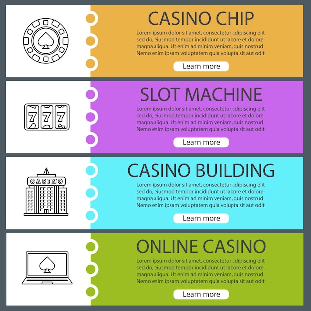 Vorlagen für casino-webbanner festgelegt. spielchip, spielautomat, casino-gebäude, online-poker. menüelemente in farbe der website mit linearen symbolen. designkonzepte für vektortitel