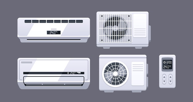 Vorlagen für klimaanlage und split-air-control-system, satz von klimageräten, isoliert auf grauem hintergrund