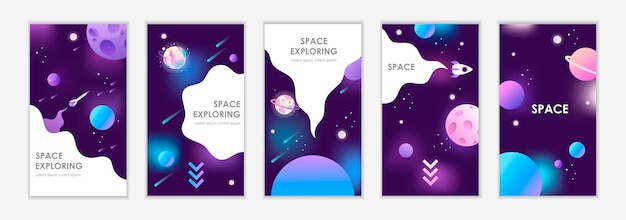 Vorlagen für soziale Medien. Weltraum mit Planeten und Sternen. Satz von Dunkelraumvorlagen für Geschichten
