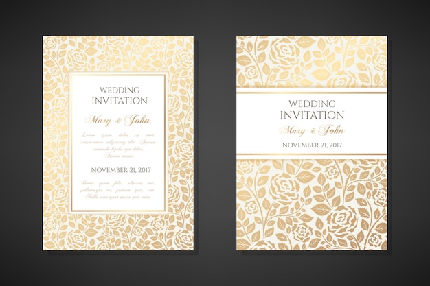 Vorlagen für vintage-hochzeitseinladungen cover-design mit goldenen rosenblumen-ornamenten