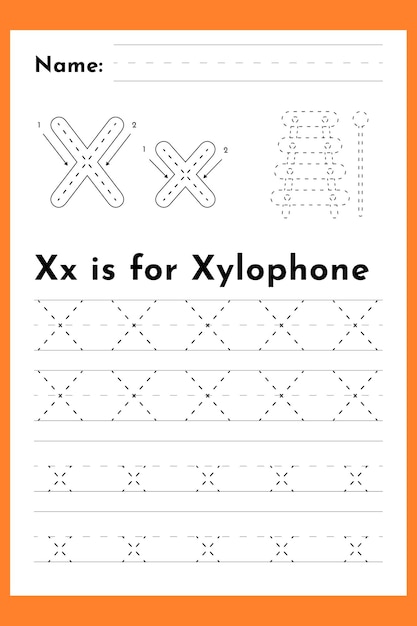 Vorschulisches Alphabet-Arbeitsblatt Buchstabe x mit Xylophone