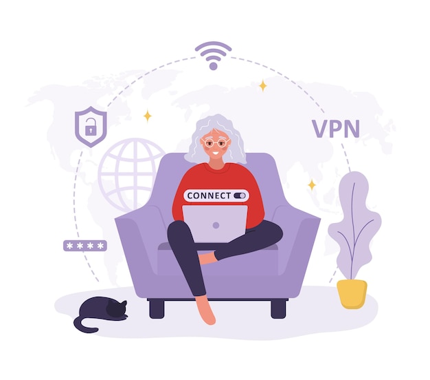 Vpn-dienst ältere frau, die ein virtuelles privates netzwerk verwendet persönliche informationen und datensicherheit passwortsicherheit schutz ip-adressen und cyberspace vektordarstellung im flachen cartoon-stil