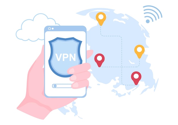 Vpn oder virtual private network service vector illustration zum schutz von daten auf smartphones oder computern