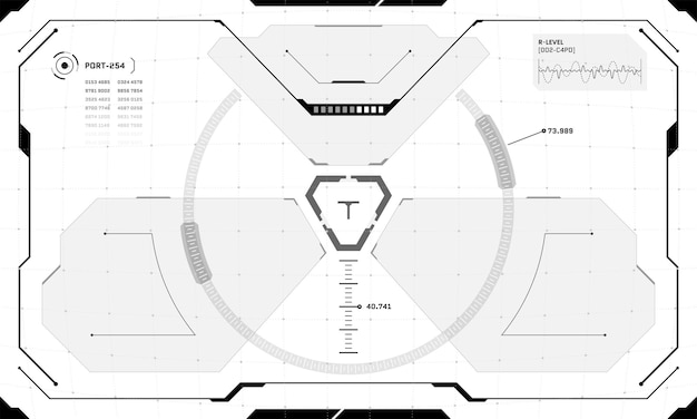 VR HUD-Schnittstelle Cyberpunk-Bildschirm schwarz-weiß-Design. Futuristisches Sci-Fi-Virtual-Reality-Head-Up-Display-Visier. GUI-UI-Digitaltechnologie-Dashboard-Panel-Vektor-Eps-Illustration