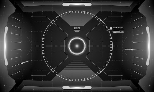 Vr hud-schnittstelle cyberpunk-bildschirm schwarz-weiß-design-konzept. futuristisches sci-fi-virtual-reality-head-up-display-visier. gui-ui-digitaltechnologie-dashboard-panel-vektor-eps-illustration