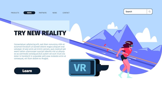 Vr landing page zukunftstechnologie für digitale immersive verbindung mit grellen vektor-webseitenvorlagen der virtuellen realität mit platz für persönlichen text