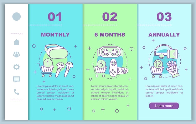 Vr-spielabonnement beim onboarding mobiler webseiten vektorvorlage monatlicher tarif responsive smartphone-website-schnittstelle idee lineare illustrationen webseiten-walkthrough-schrittbildschirme farbkonzept