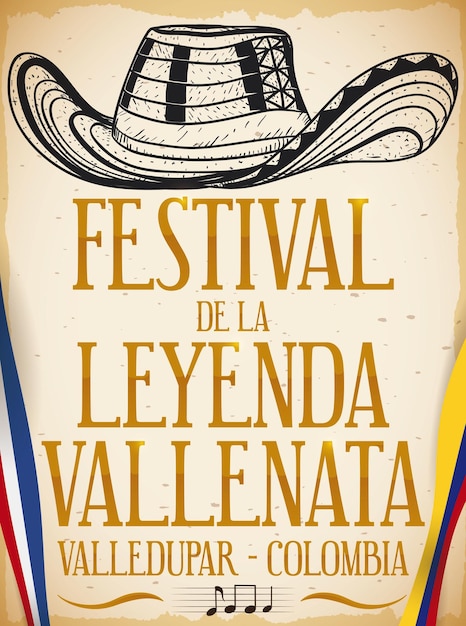 Vektor vueltiao hut zeichnet fahnen und schilder zur förderung des kolumbianischen vallenato legend festival in spanisch