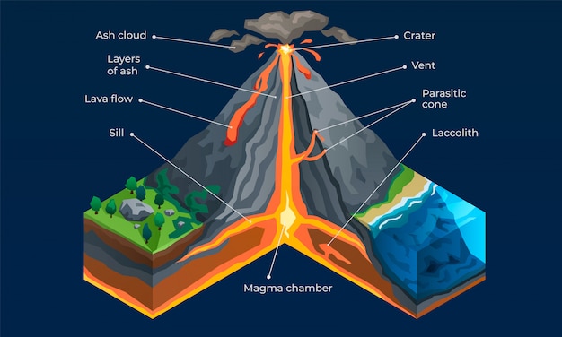 Vulkan Infografik. Isometrisch vom Vulkanvektor infographic