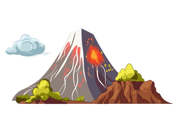 Vektor vulkan mit bunten szenen diese zeichentrick-vulkanszene zeigt eine entzückende rauchwolke