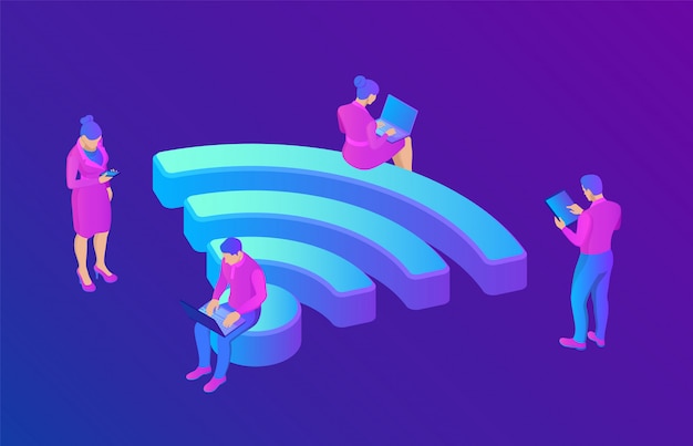 W-lan. menschen in der öffentlichkeit kostenlos wi-fi-hotspot-zone. öffentliche bewertungszone. 3d isometrisch.