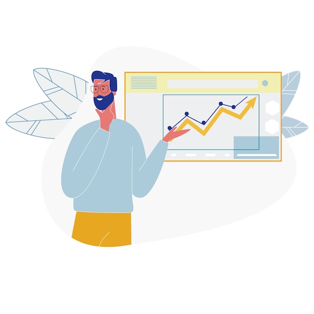 Wachsende datenanalyse-diagramme der geschäftsmann-show