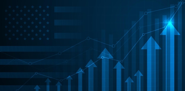 Wachsendes Diagramm vor dem Hintergrund des Candlestick-Diagramms mit der Flagge der USA-Amerika-Börse