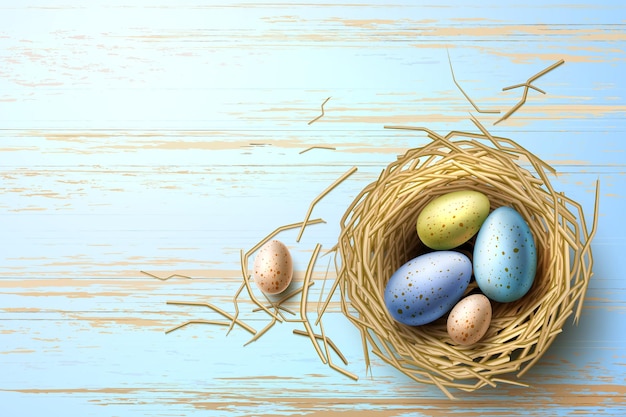 Wachteleier im Nest auf Holztisch