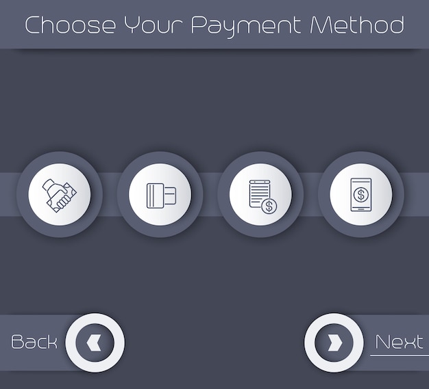 Wählen sie ihre zahlungsmethode, webseitenvorlage in grau, vektorillustration