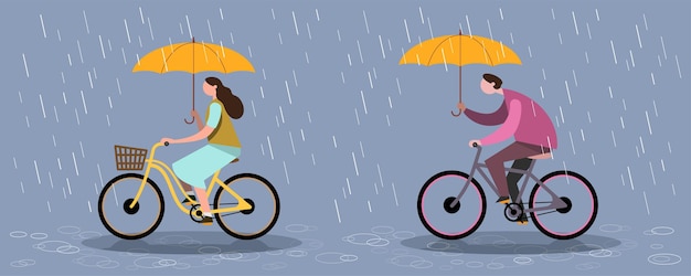 Während der Regenzeit regnet es immer, daher müssen Fahrradfahrer einen Regenschirm mit sich führen, um sich vor Regen zu schützen. Flaches Vektorillustrationsdesign