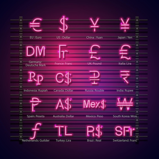 Vektor währungssymbol mit rosafarbenem währungssymbol im neonstil