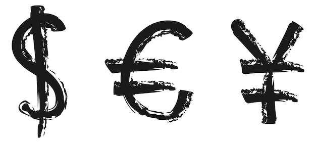 Vektor währungssymbole im grunge-stil schwarze pinselstriche