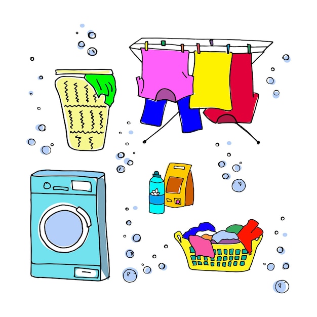 Wäsche-doodle-set, wäsche waschen, waschmaschine, waschmittel, wäschekorb, wäsche an seilen trocknen, wäschetrockner. helle mehrfarbenvektorillustration lokalisiert auf weißem hintergrund.
