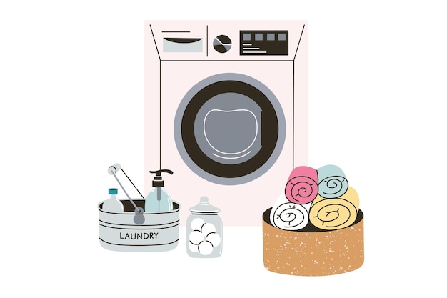Wäschekomposition mit Waschmaschine Vektorillustration von Korb mit aufgerollten Handtüchern Wäscherei