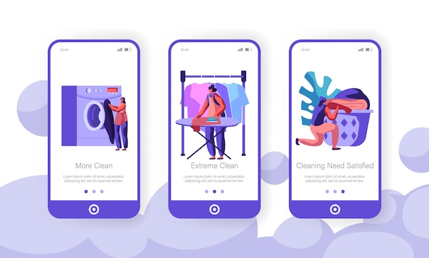 Wäschereikonzept. mobile app page onboard screen set