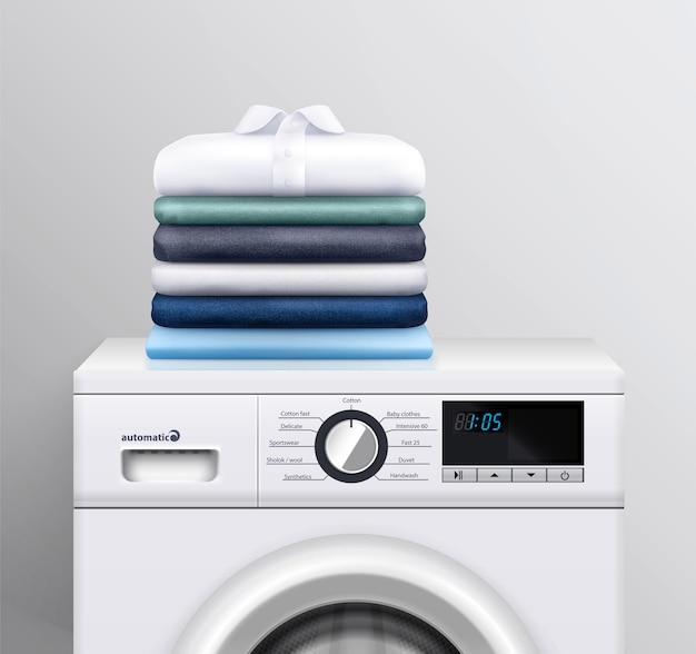 Wäschestapel auf realistischer Illustration der Waschmaschine als Werbung für moderne elektronische Wäschereigeräte für die Hauswirtschaft