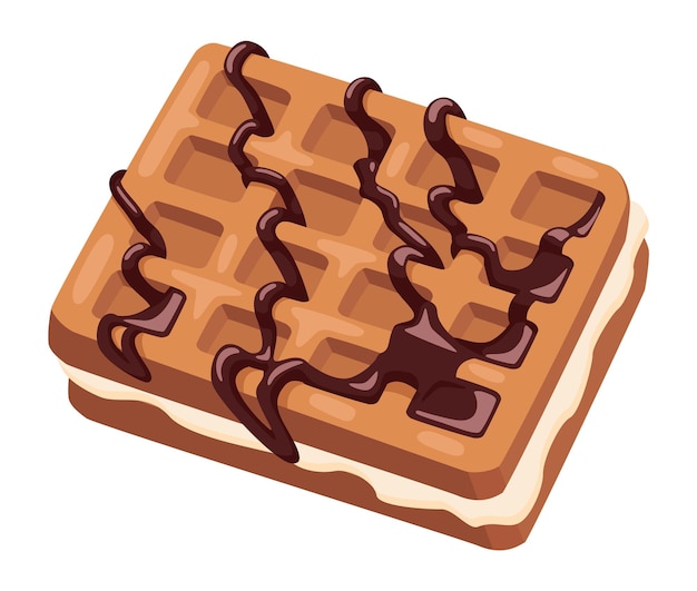 Waffel Belgier mit Schokolade. Creme füllendes Frühstücksdessert lokalisiert auf weißem Hintergrund.