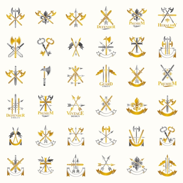 Waffenembleme Vektorembleme großer Satz, Sammlung heraldischer Gestaltungselemente, heraldische Waffenkammersymbole im klassischen Stil, Waffenarsenalkompositionen antiker Messer.