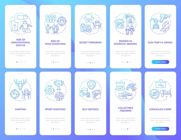 Waffenkontrolle dunkelblau onboarding mobile app seite bildschirm mit konzepten. komplettlösung für waffengebrauchsrisiken und gefahren 5 schritte ui-vorlage mit rgb-farbabbildungen