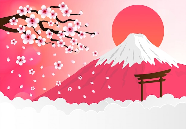 Wahrzeichen japans mit fuji-berg und sakura-blüte