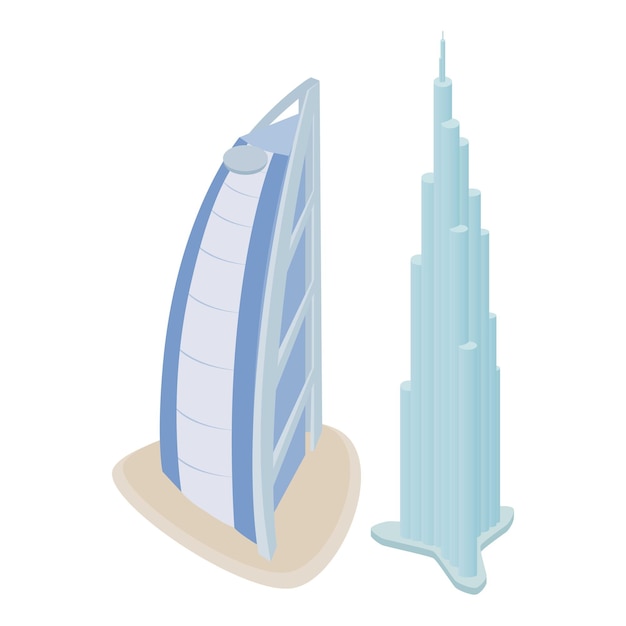 Wahrzeichen von Dubai, isometrischer Vektor, Burj Khalifa-Gebäude, Burj al-Arab-Hotel, weltberühmte Attraktion der modernen Architektur der Vereinigten Arabischen Emirate